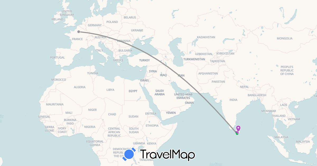 TravelMap itinerary: driving, bus, plane, train in France, Sri Lanka (Asia, Europe)
